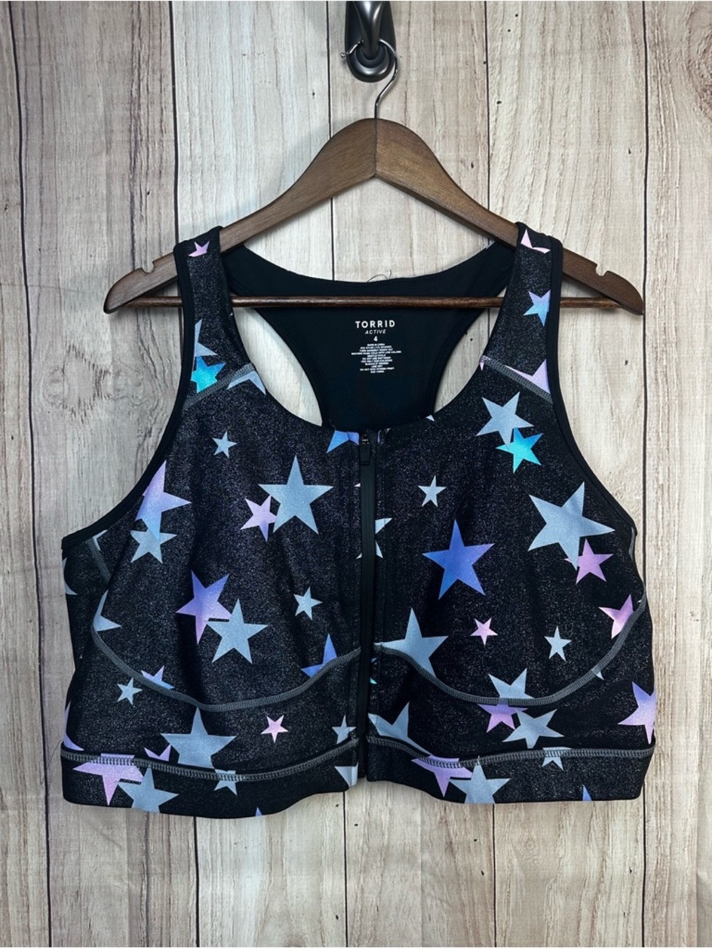 torrid Black Zip-Front Swim Top with Blue & Purple Star Print